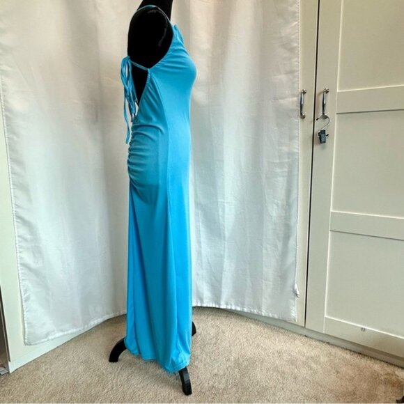 Blue ribbed spaghetti strap draped cowl neck open crisscross back ruched dress M - Picture 4 of 13